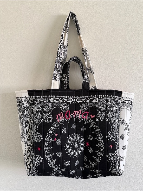 Handmade Handbags - Black & White Quilted Bandana Tote with Pink Embroidery